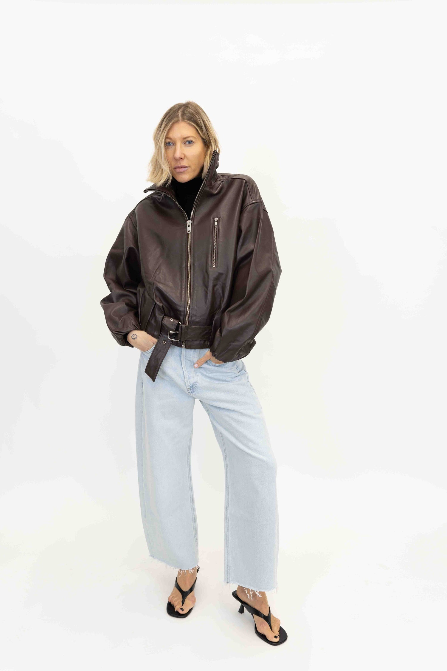 LENNY LEATHER JACKET IN COFFEE JACKET OVAL SQUARE 