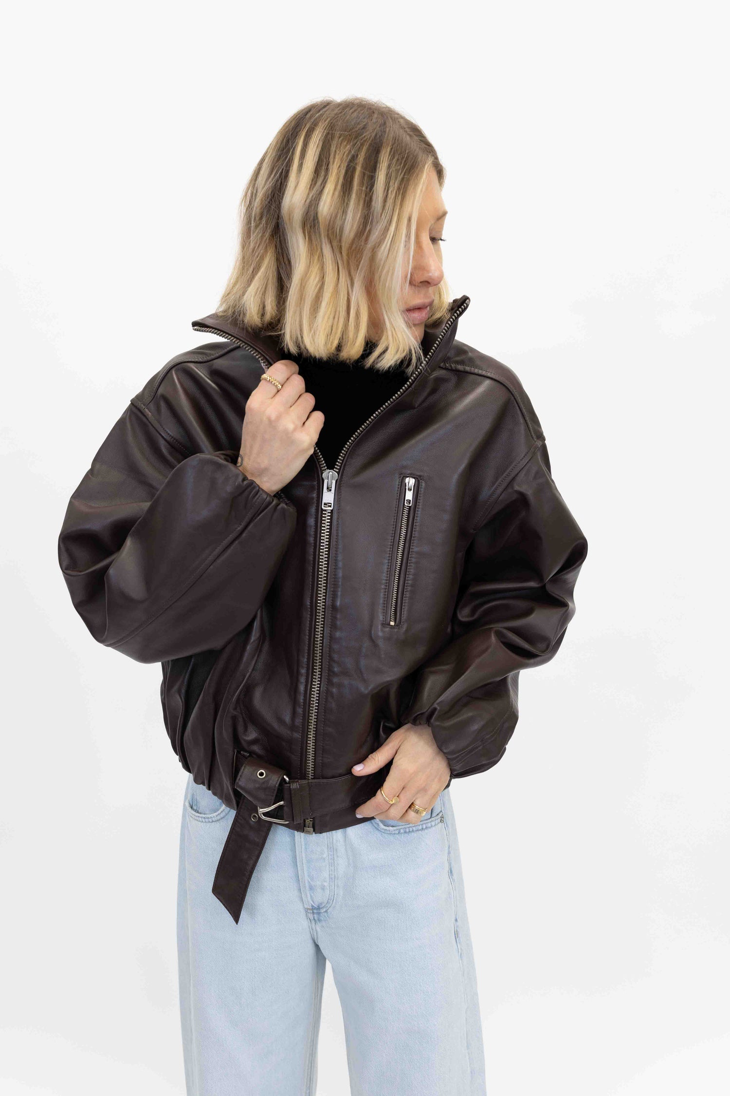 LENNY LEATHER JACKET IN COFFEE JACKET OVAL SQUARE 