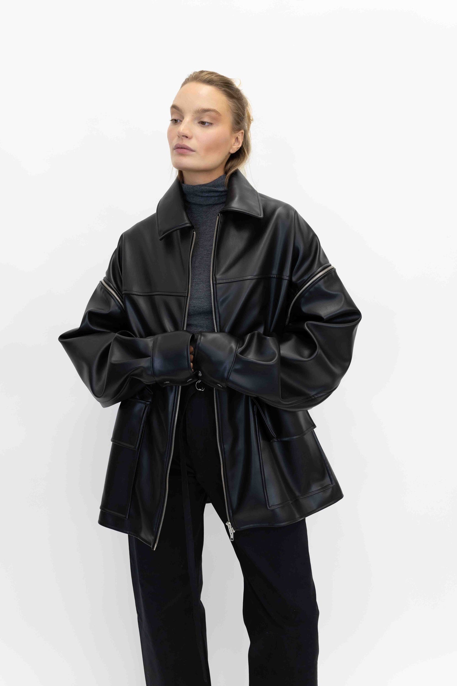 FAUX LEATHER PARKA IN BLACK JACKET STUDIO CUT 
