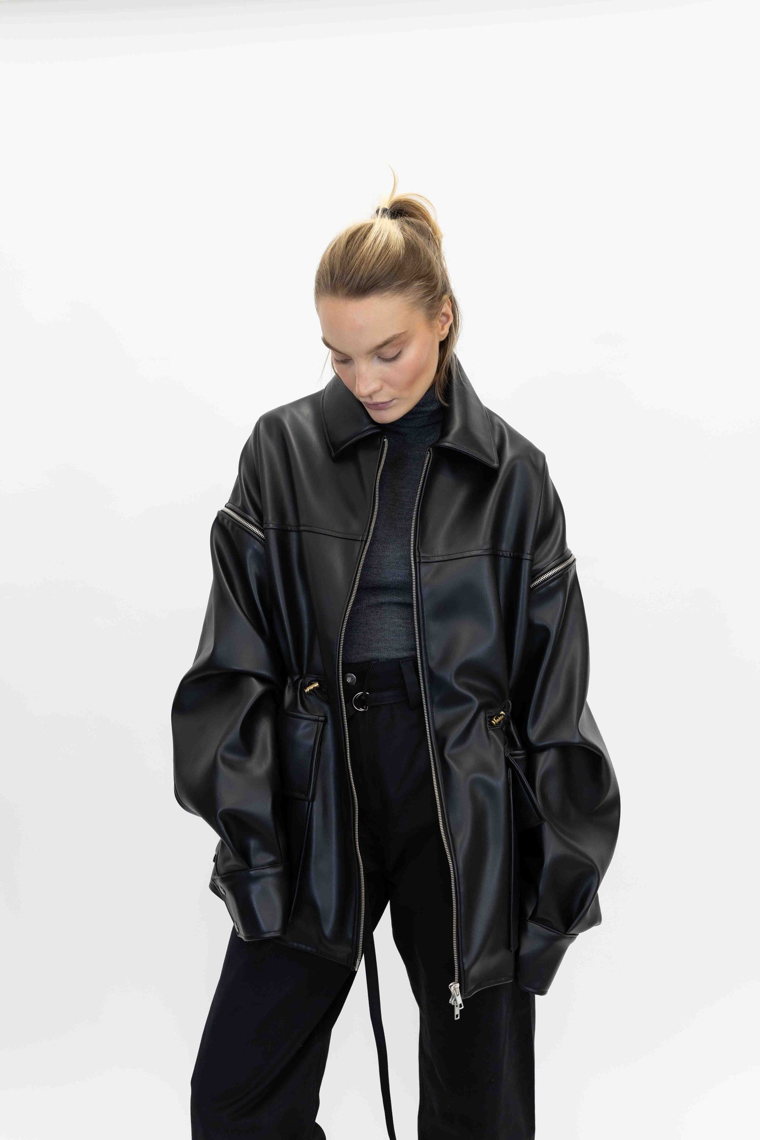 FAUX LEATHER PARKA IN BLACK JACKET STUDIO CUT 