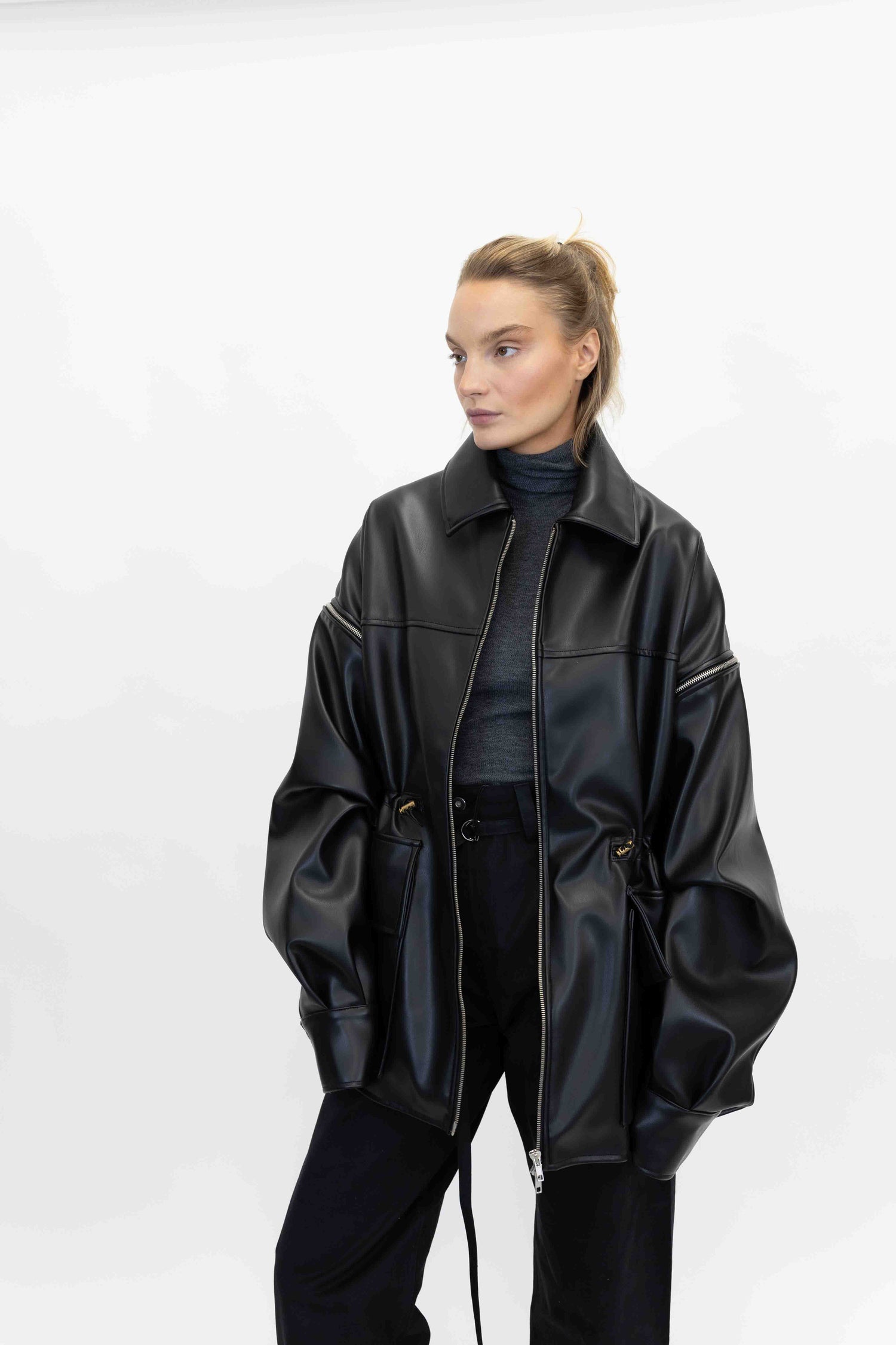 FAUX LEATHER PARKA IN BLACK JACKET STUDIO CUT 