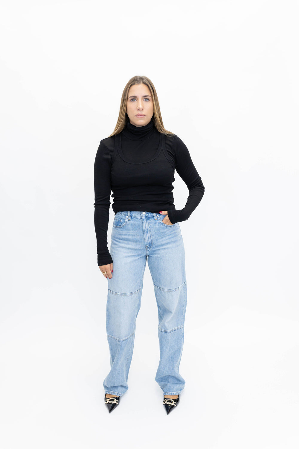 DOUBLE-LAYER WOOL TOP IN BLACK KNIT ROHE 