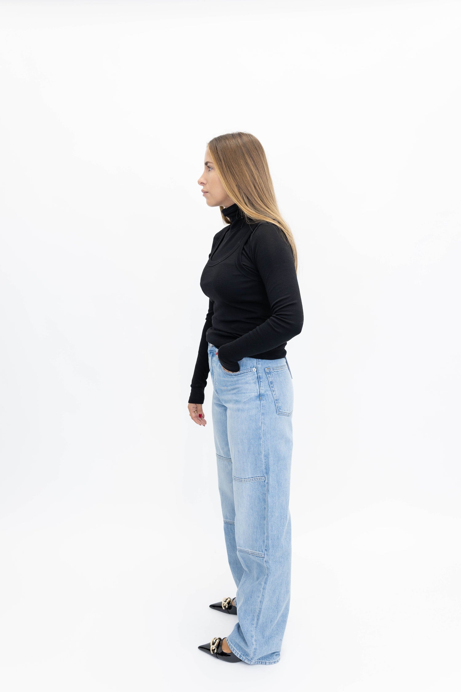 DOUBLE-LAYER WOOL TOP IN BLACK KNIT ROHE 