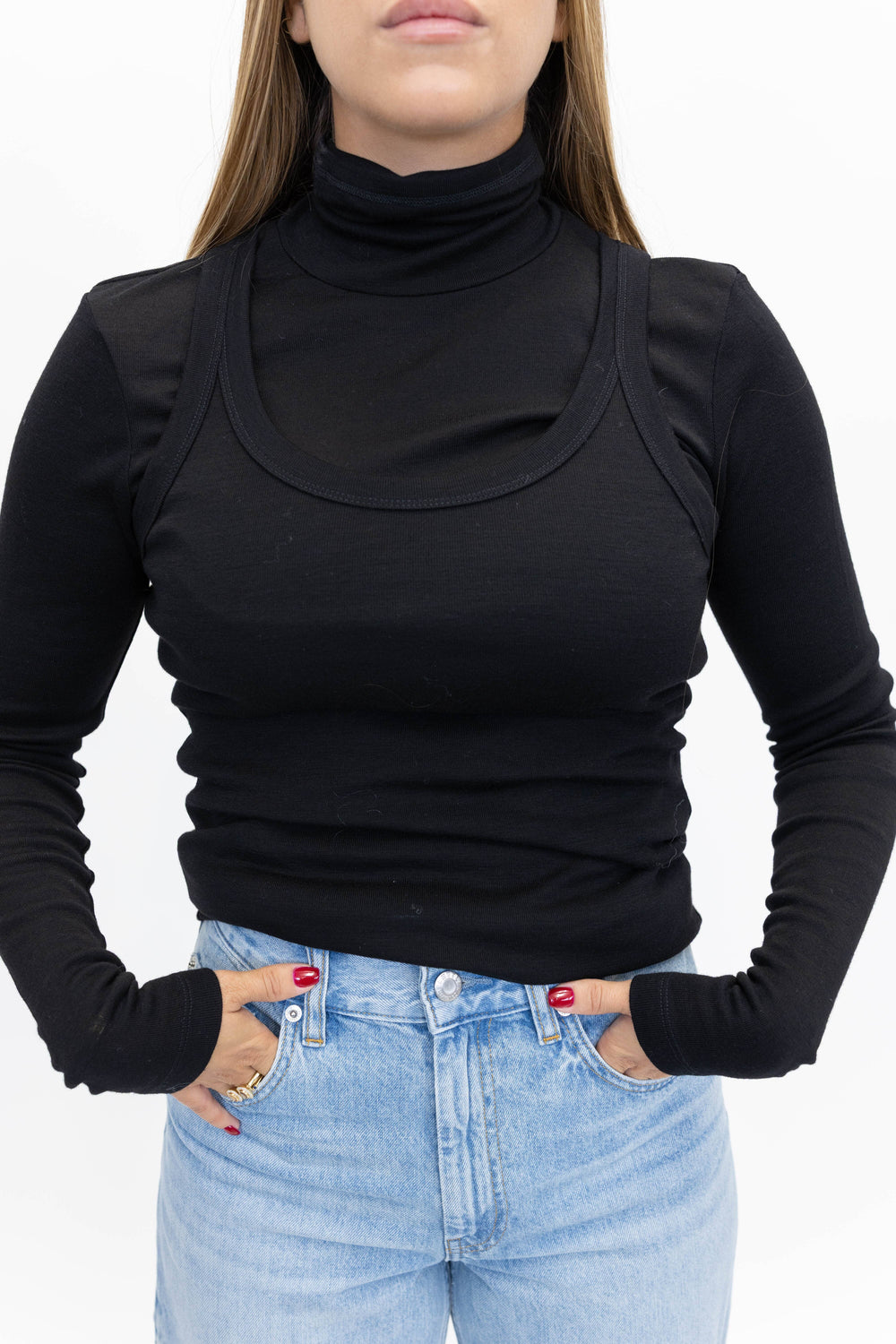 DOUBLE-LAYER WOOL TOP IN BLACK KNIT ROHE 