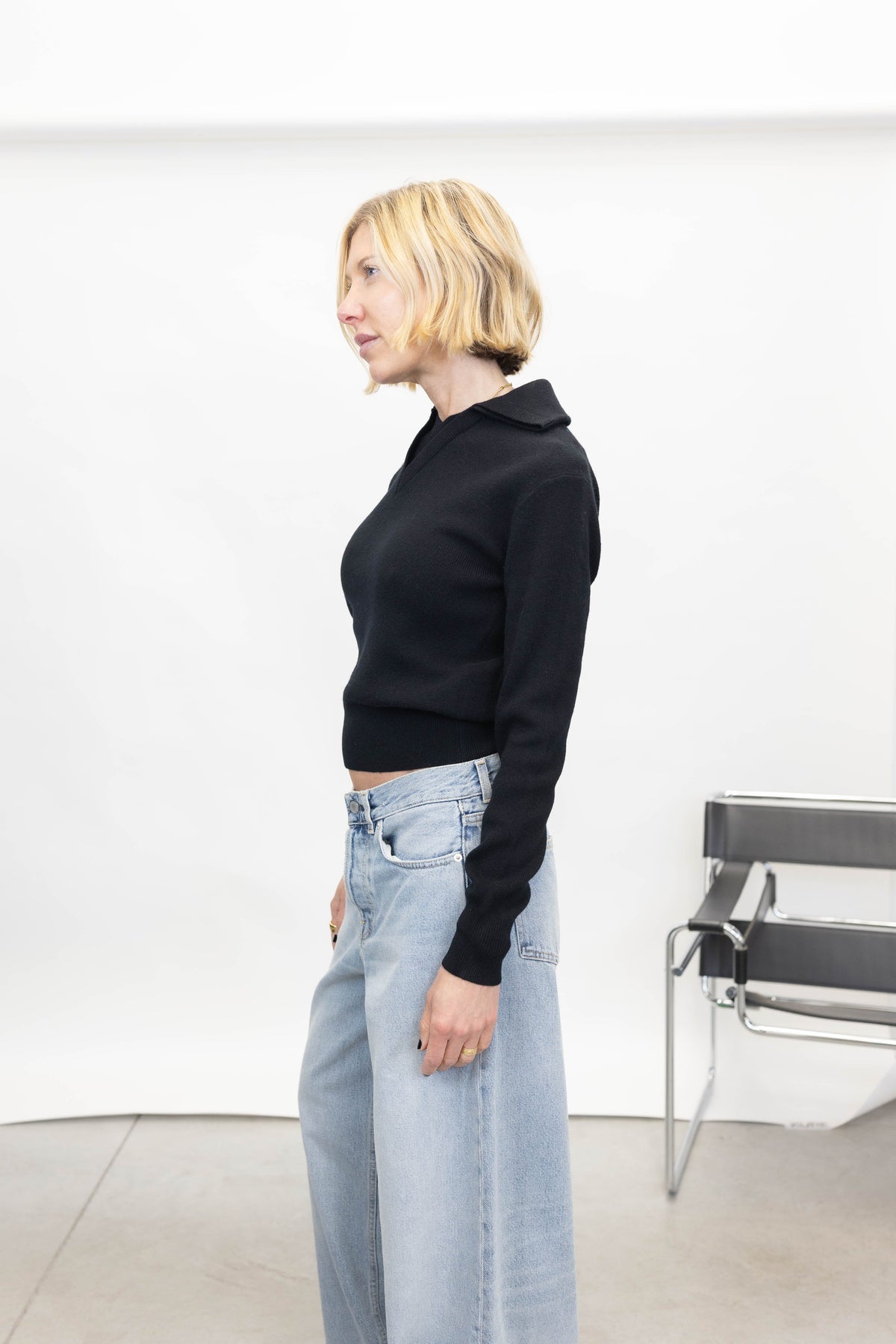 LS DOUBLE COLLAR V-NECK SWEATER IN BLACK SWEATER ALEXANDER WANG 