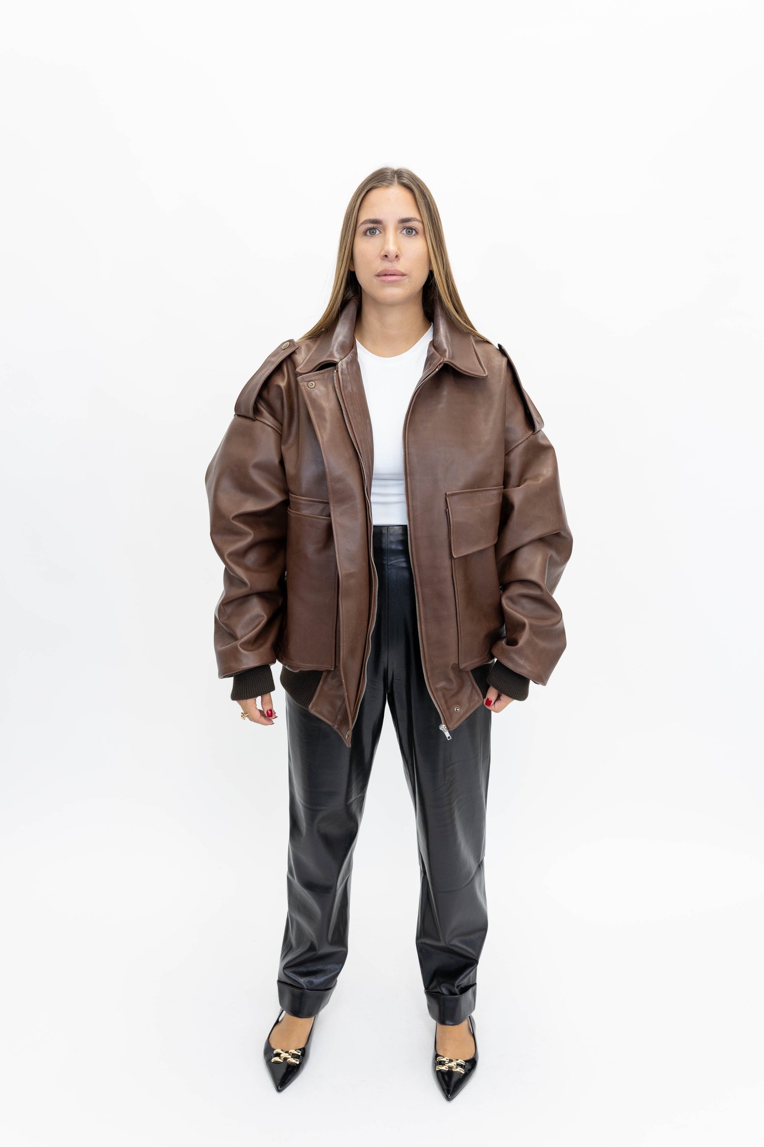 THE LOOSE BROWN LEATHER BOMBER JACKET STUDIO CUT 