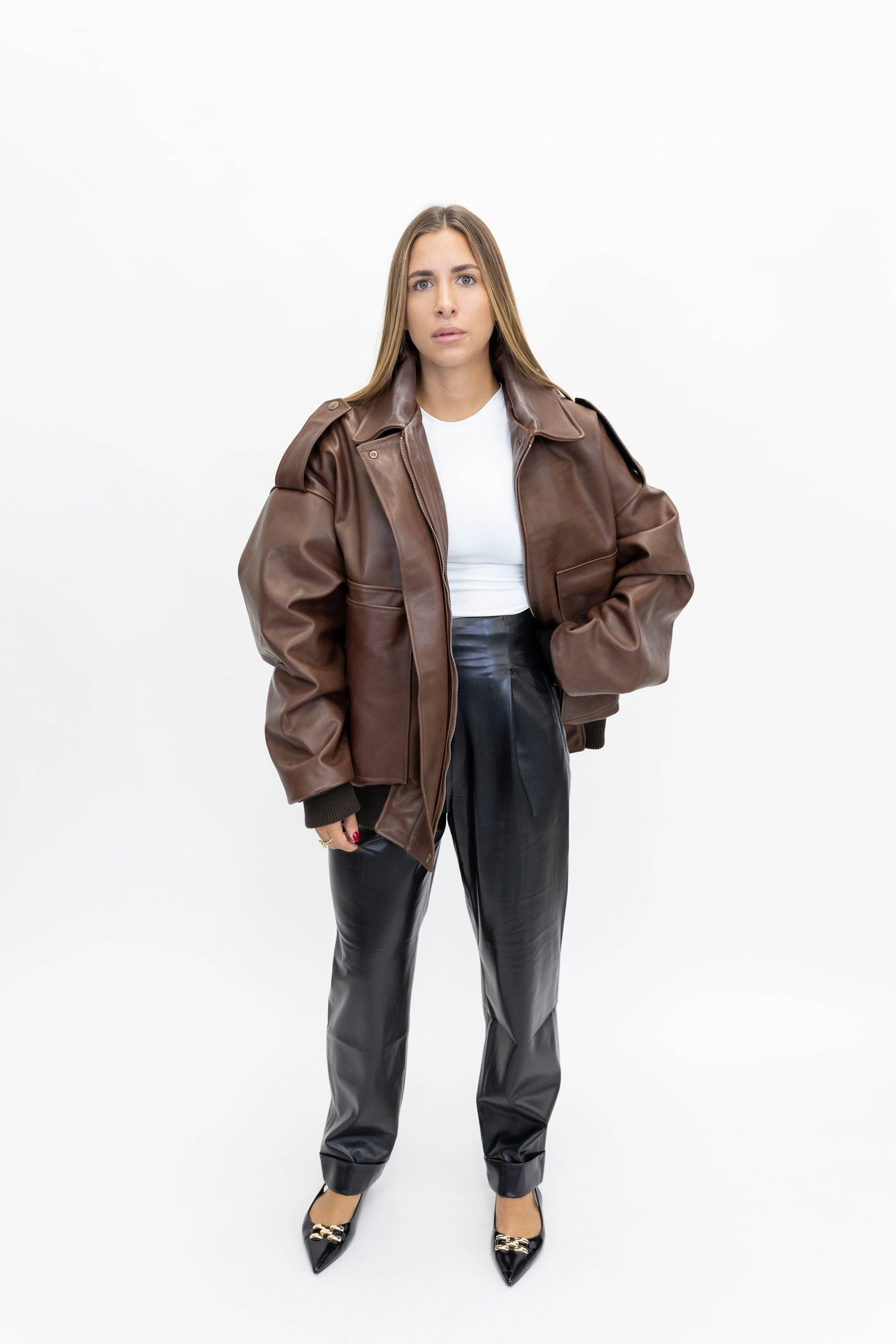 THE LOOSE BROWN LEATHER BOMBER JACKET STUDIO CUT 