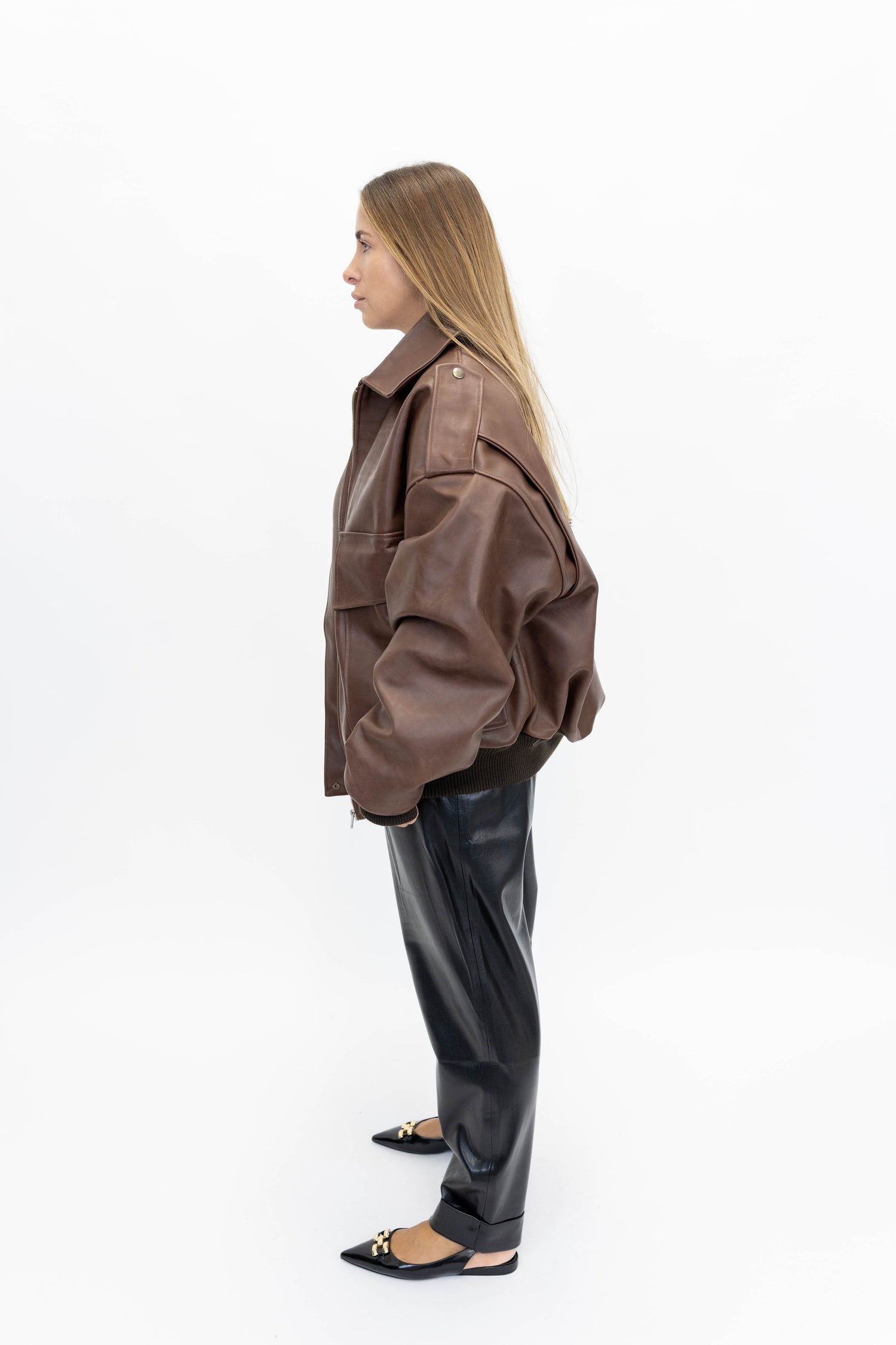 THE LOOSE BROWN LEATHER BOMBER JACKET STUDIO CUT 