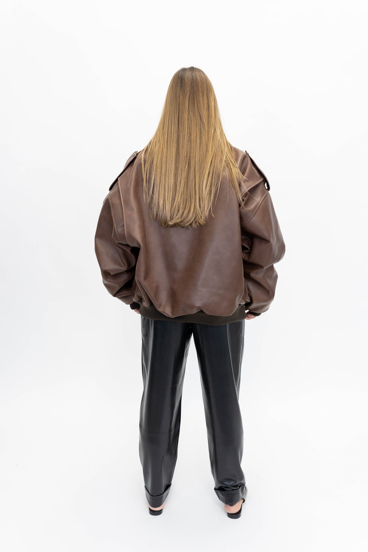 THE LOOSE BROWN LEATHER BOMBER JACKET STUDIO CUT 