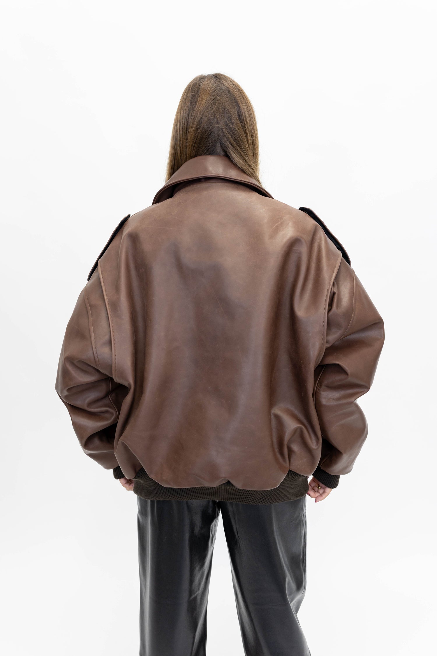 THE LOOSE BROWN LEATHER BOMBER JACKET STUDIO CUT 