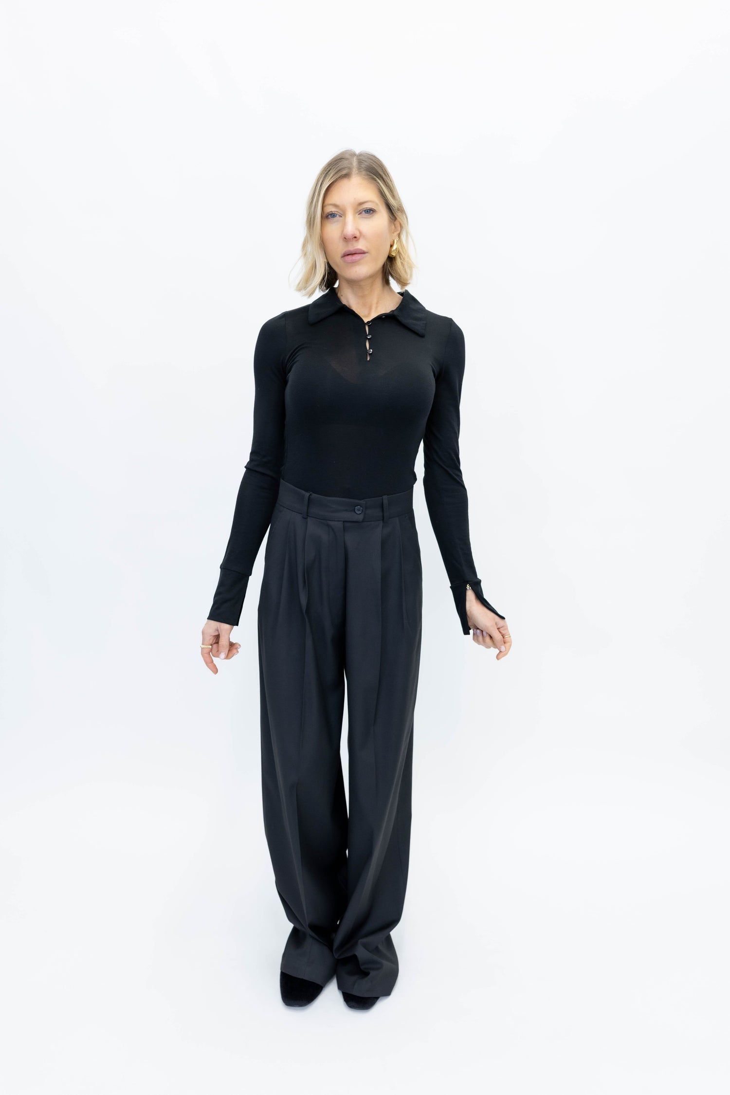 PLEATED WIDE LEG PANTS-BLACK PANT STUDIO CUT 