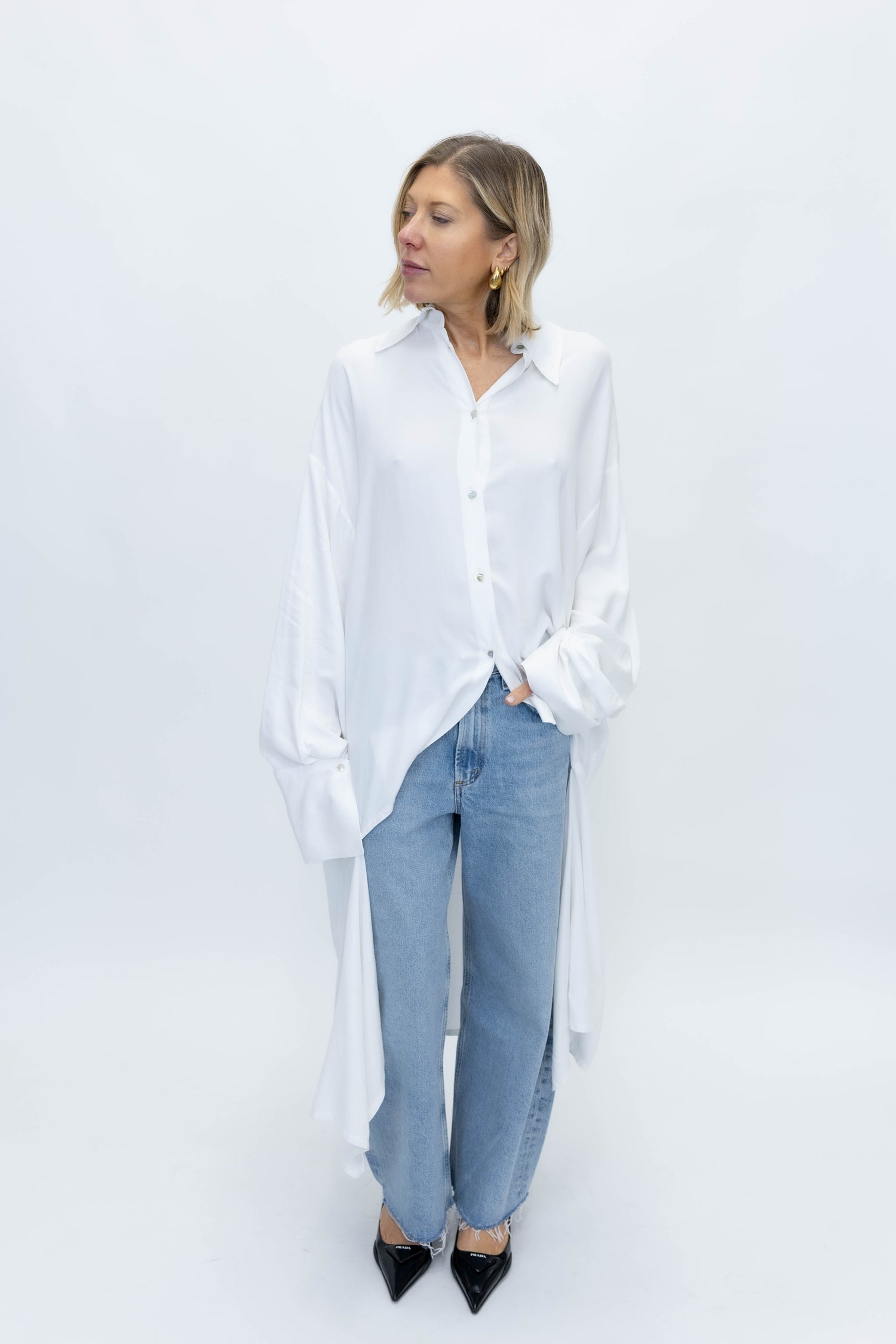 KNOT LONG SHIRT IN IVORY SHIRT STUDIO CUT 