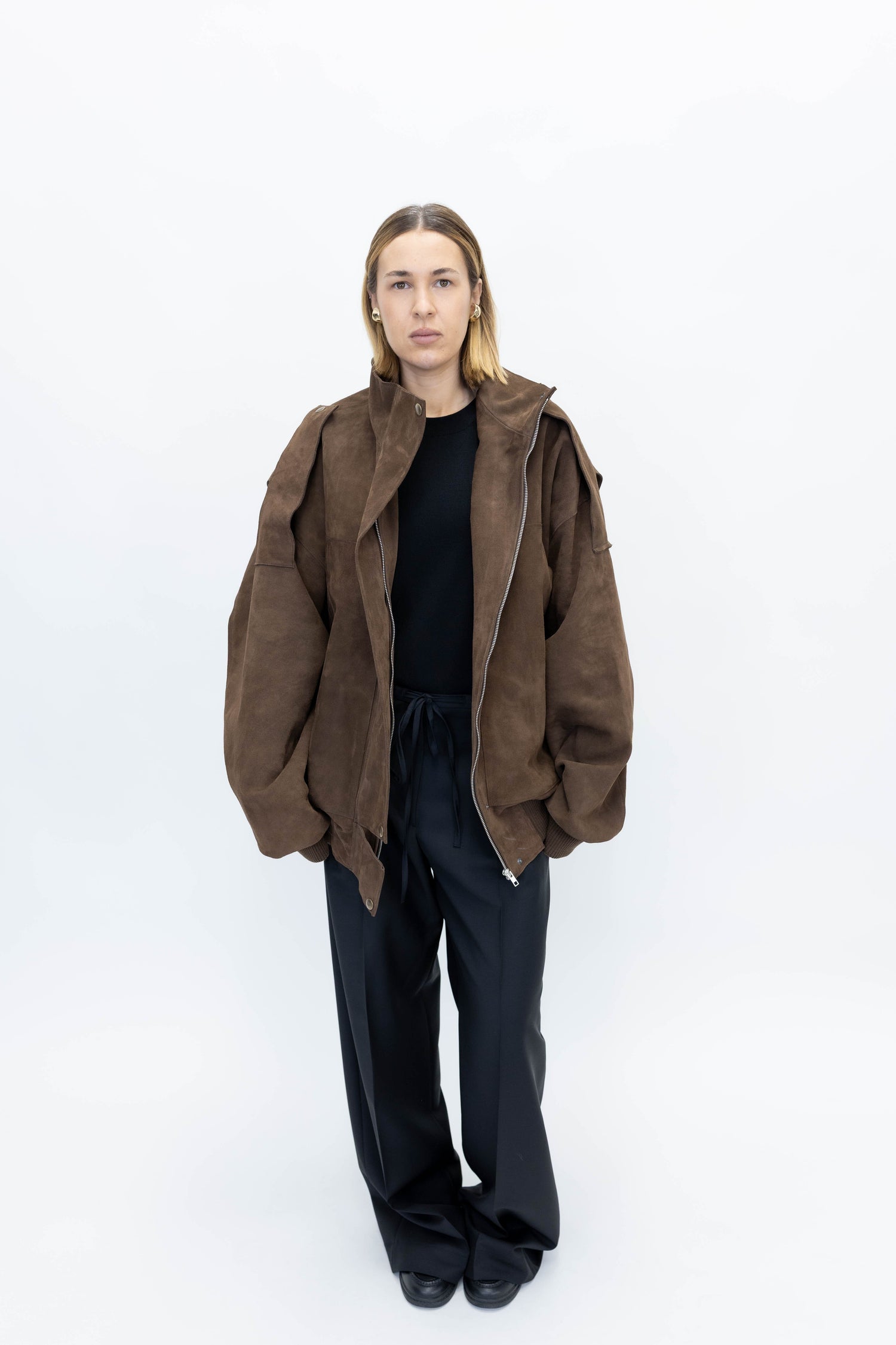 SUEDE BOMBER IN BROWN JACKET STUDIO CUT 