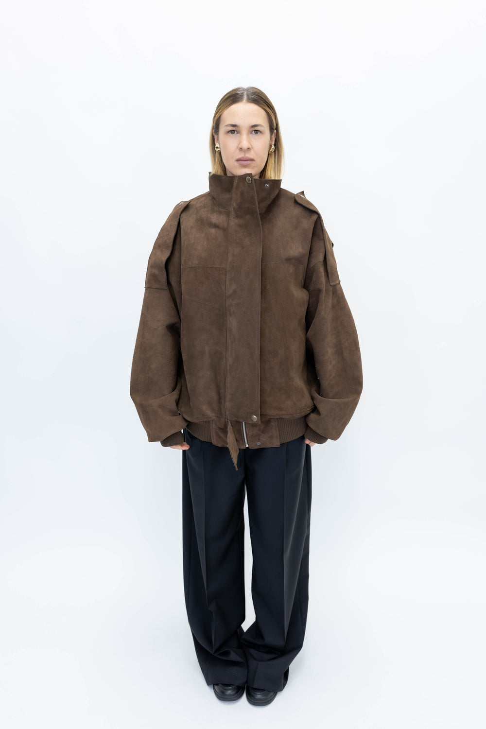 SUEDE BOMBER IN BROWN JACKET STUDIO CUT 