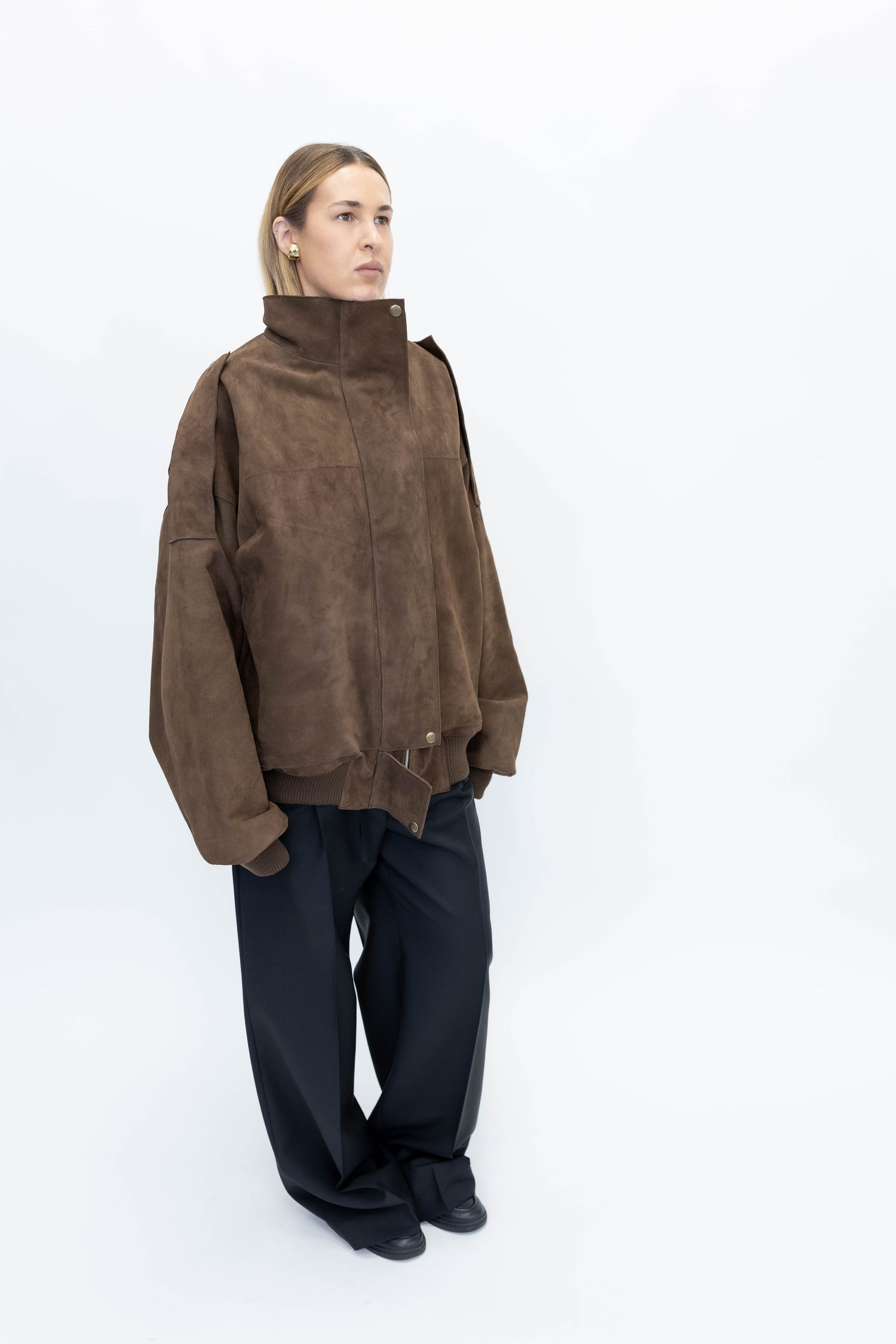 SUEDE BOMBER IN BROWN JACKET STUDIO CUT 