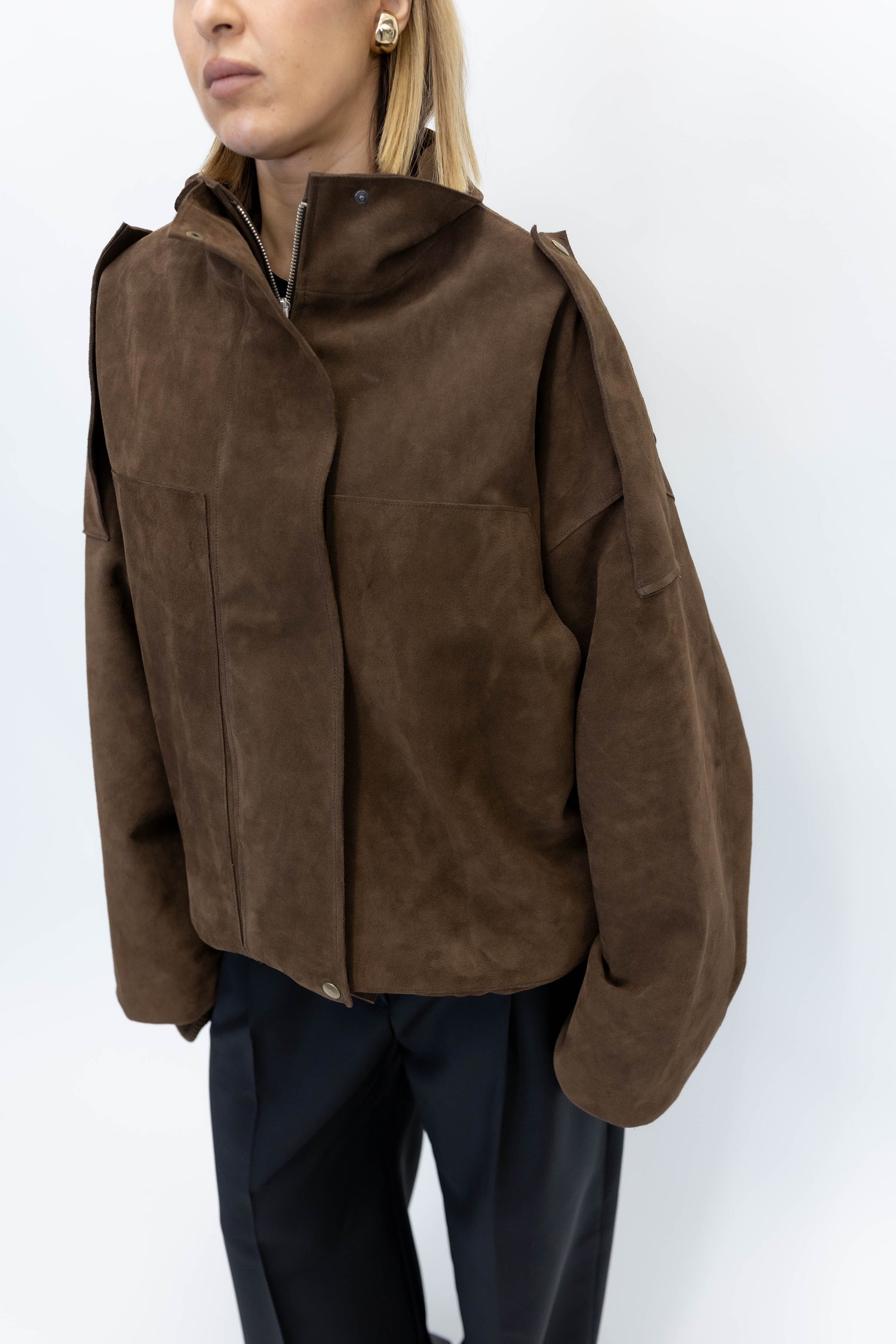 SUEDE BOMBER IN BROWN JACKET STUDIO CUT 