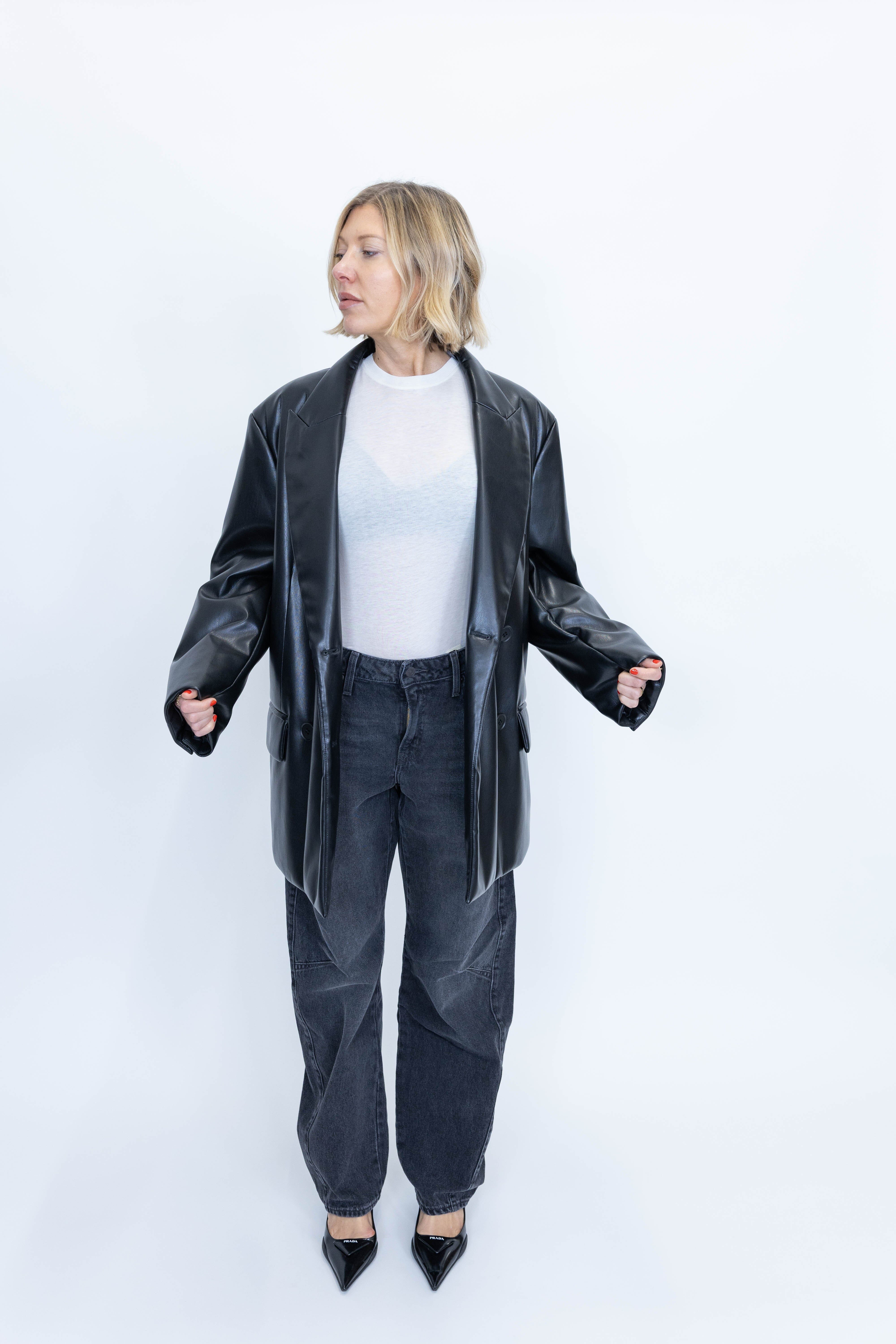 OLIVE FAUX LEATHER BLAZER BLAZER STAND STUDIO 