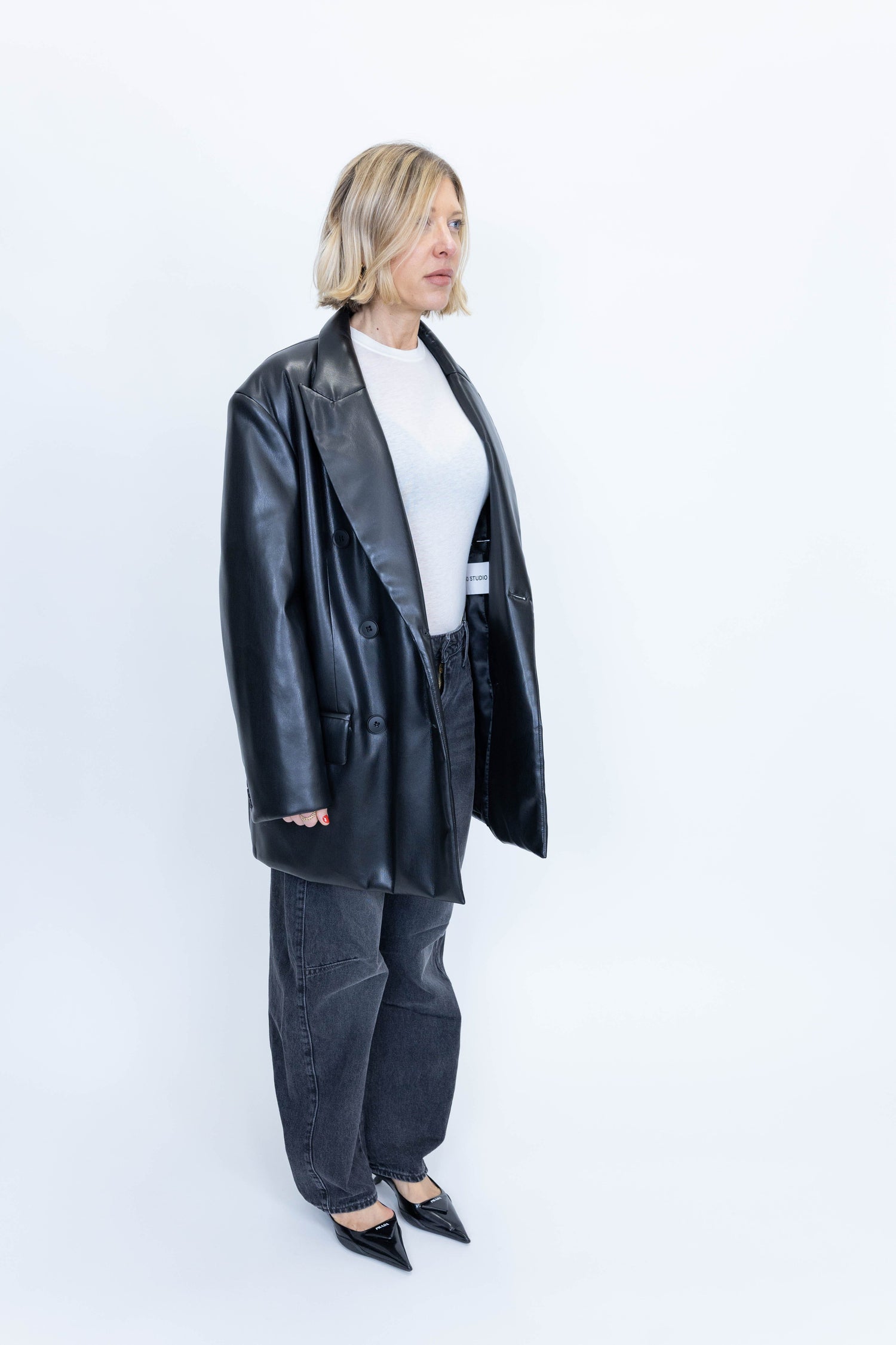 OLIVE FAUX LEATHER BLAZER BLAZER STAND STUDIO 