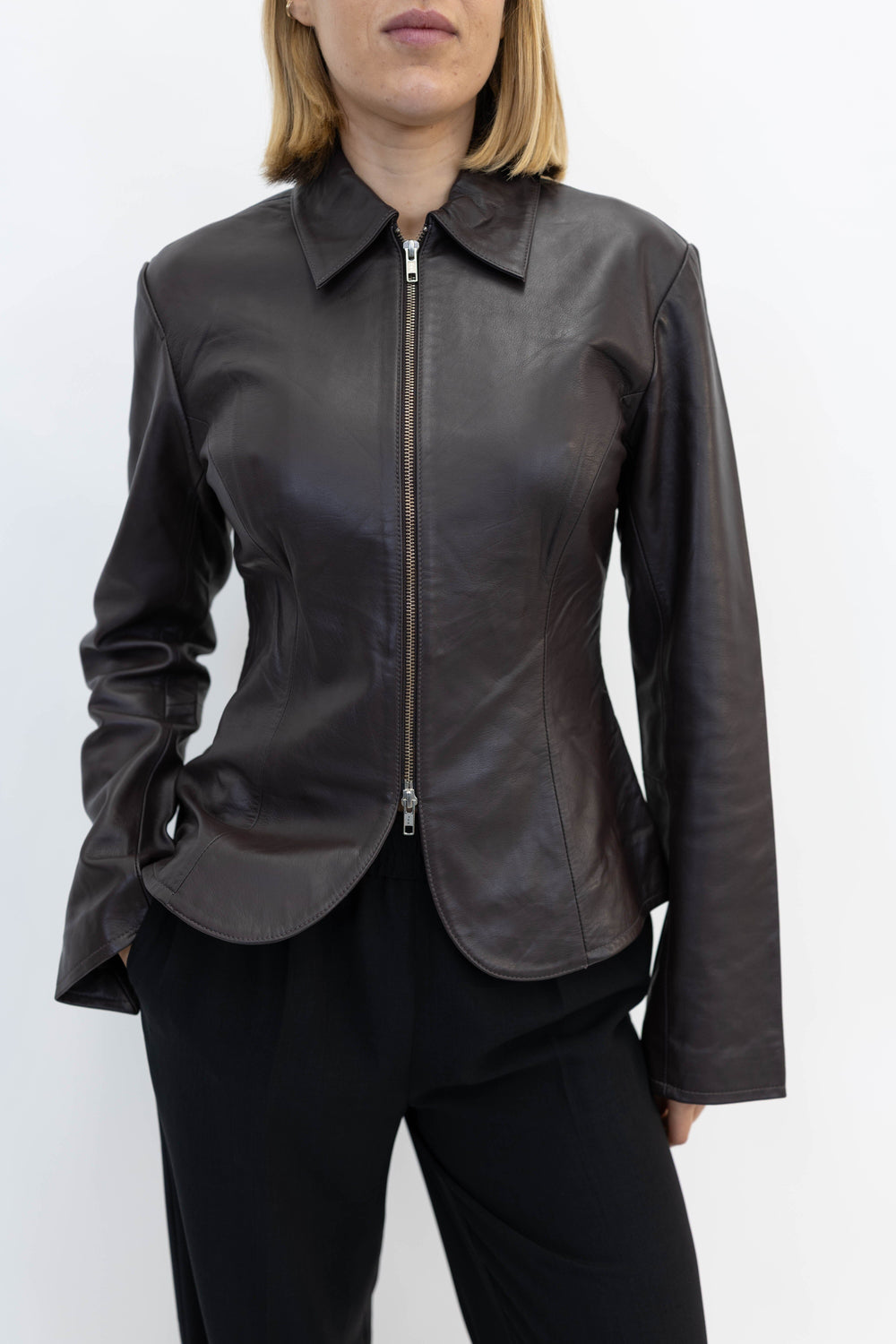 DEEP LEATHER BLAZER IN BROWN JACKET OVAL SQUARE 
