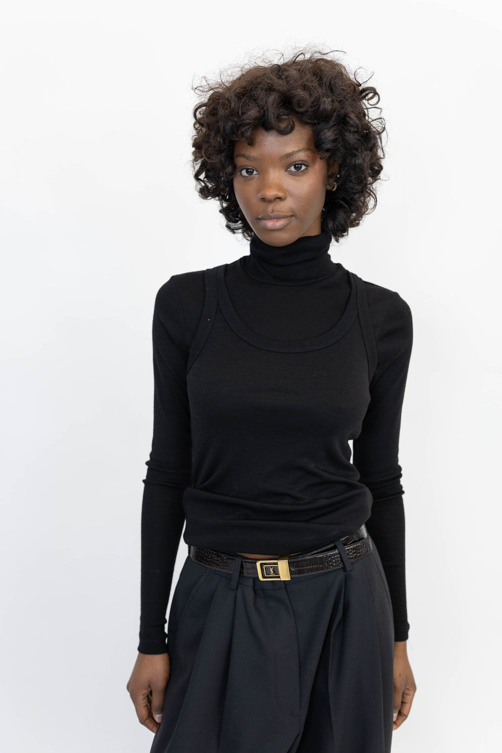 DOUBLE-LAYER WOOL TOP IN BLACK KNIT ROHE 