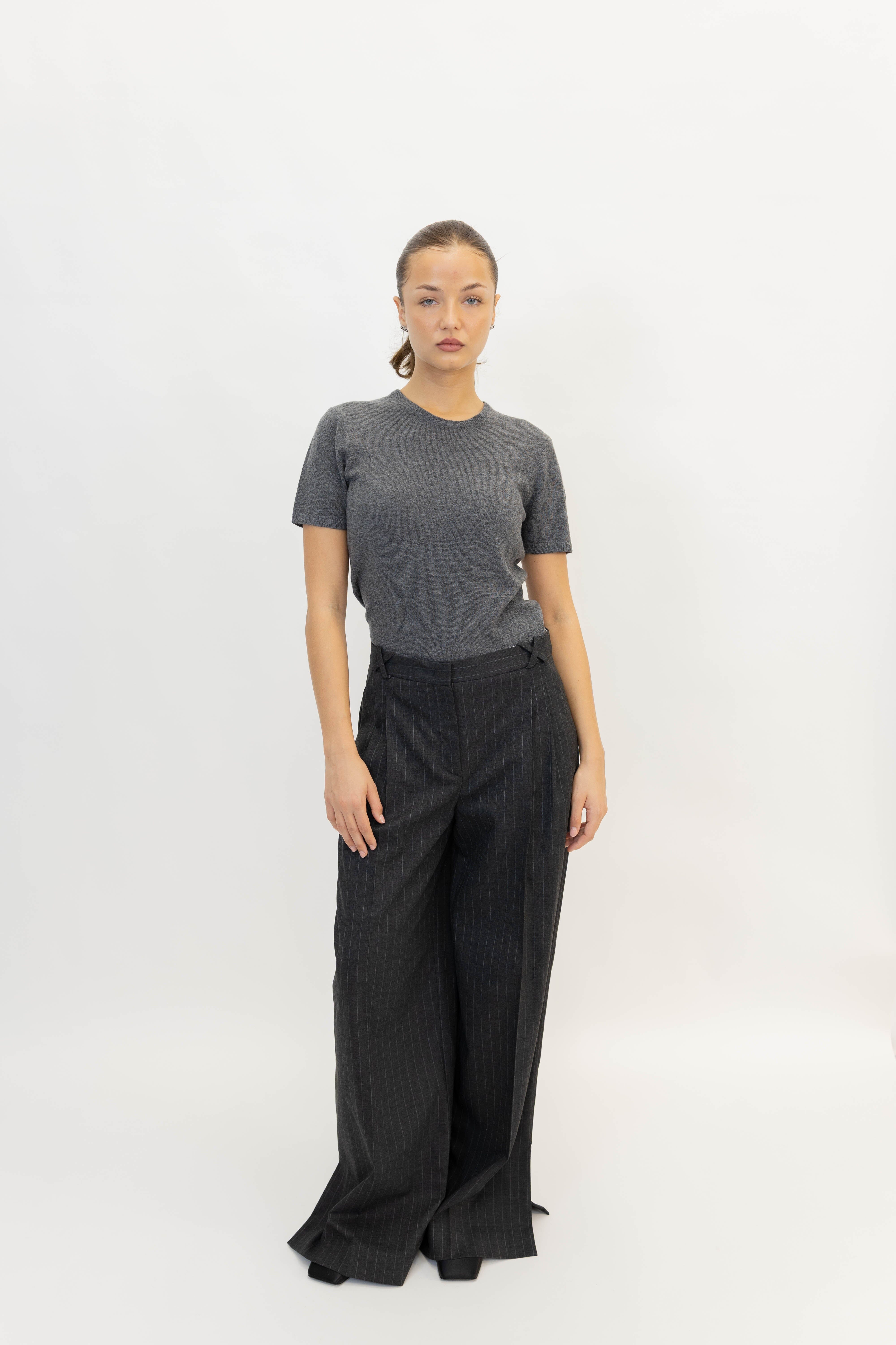 ANDORA WIDE PANTS IN DARK GREY PINSTRIPE PANT THE GARMENT 