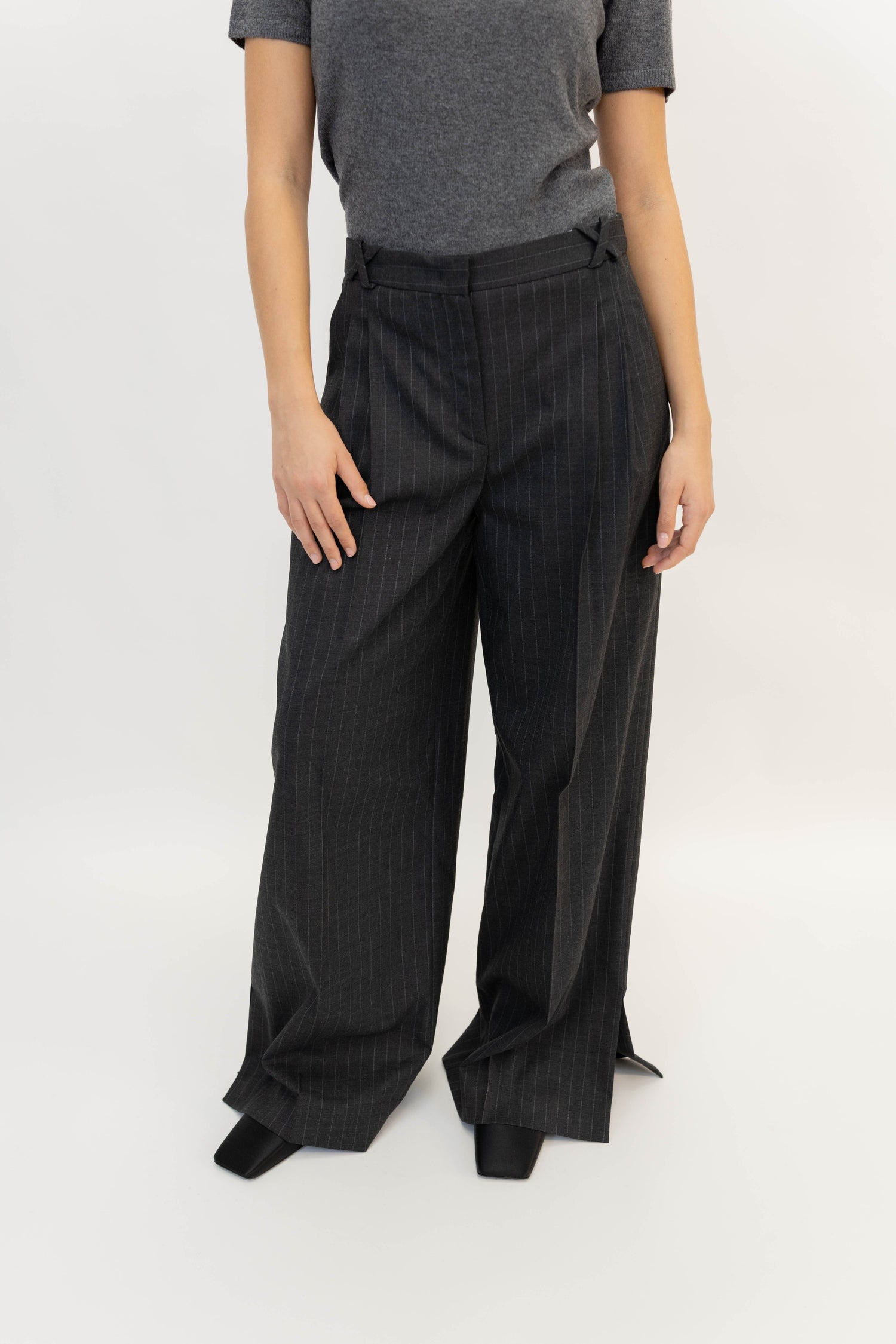 ANDORA WIDE PANTS IN DARK GREY PINSTRIPE PANT THE GARMENT 