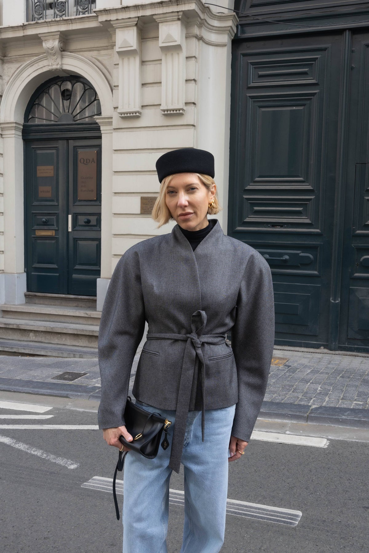 MARGAUX ROUNDED SHOULDER JACKET IN GREY JACKET THE ANDAMANE 