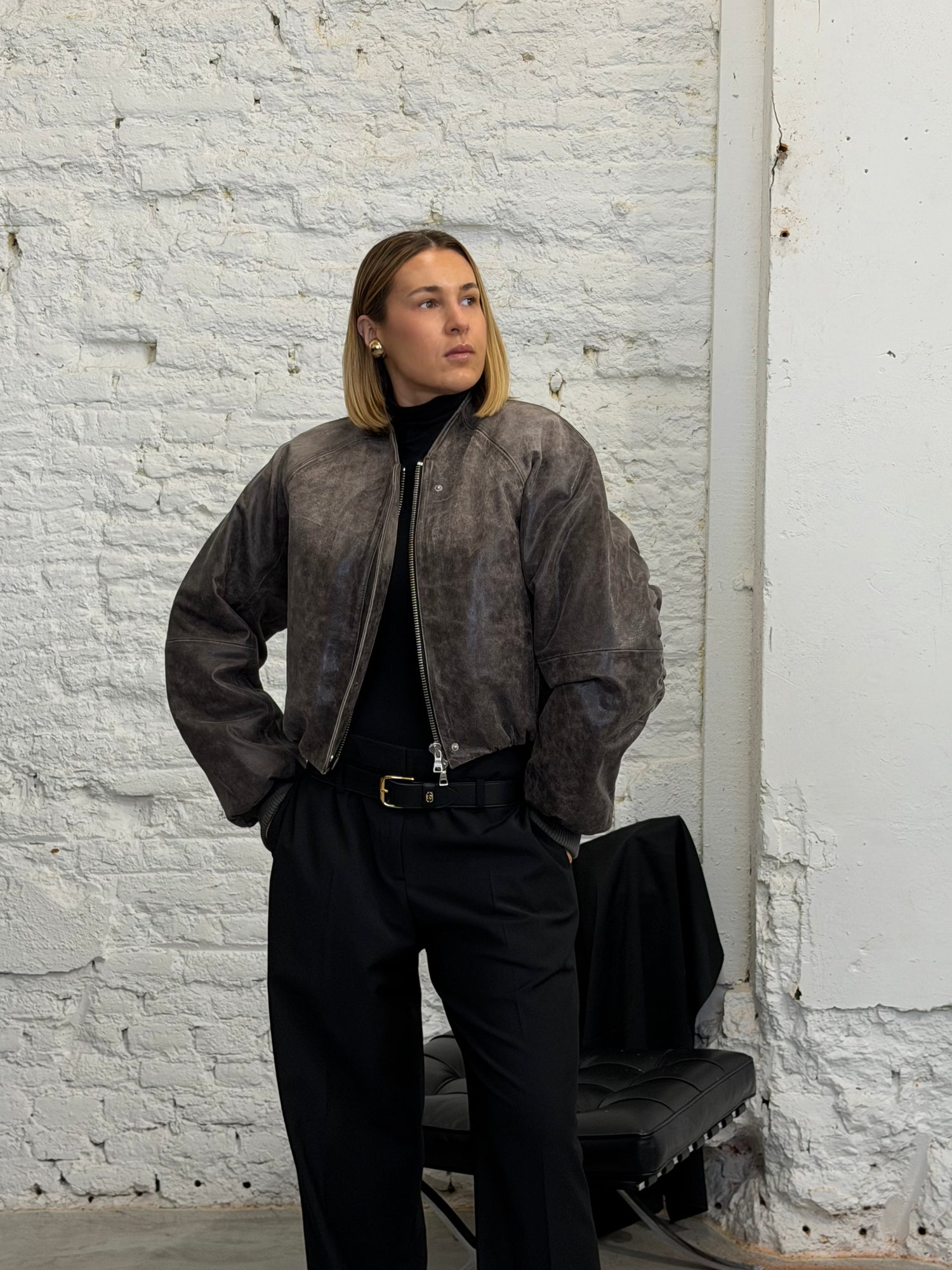 OLA LEATHER BOMBER IN GREY JACKET WON HUNDRED 