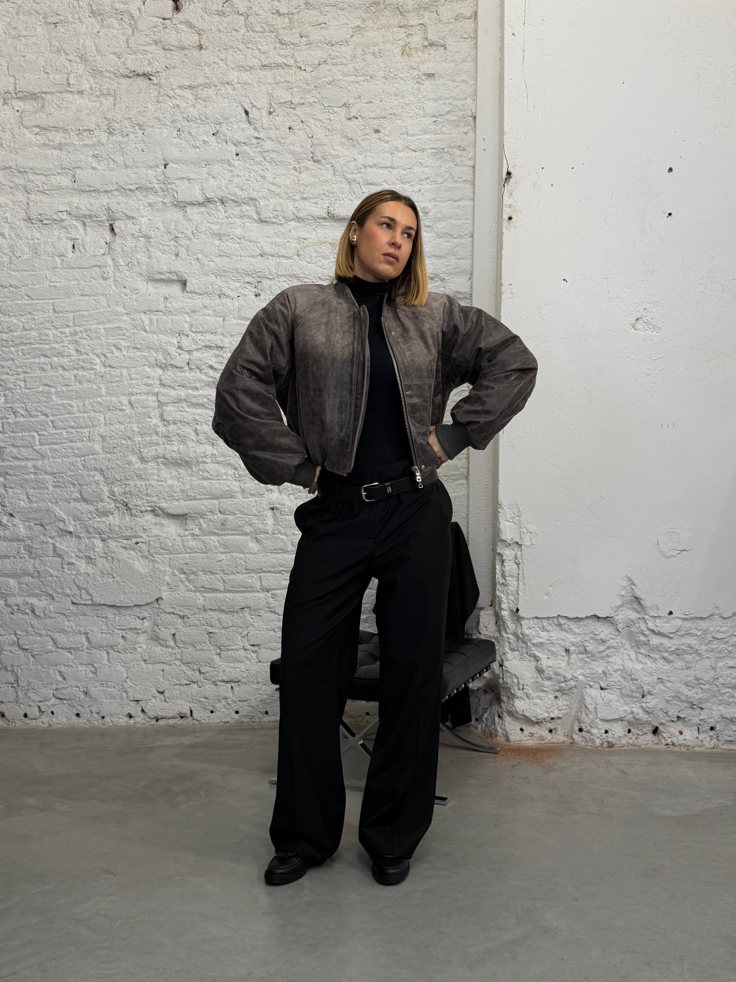 OLA LEATHER BOMBER IN GREY JACKET WON HUNDRED 