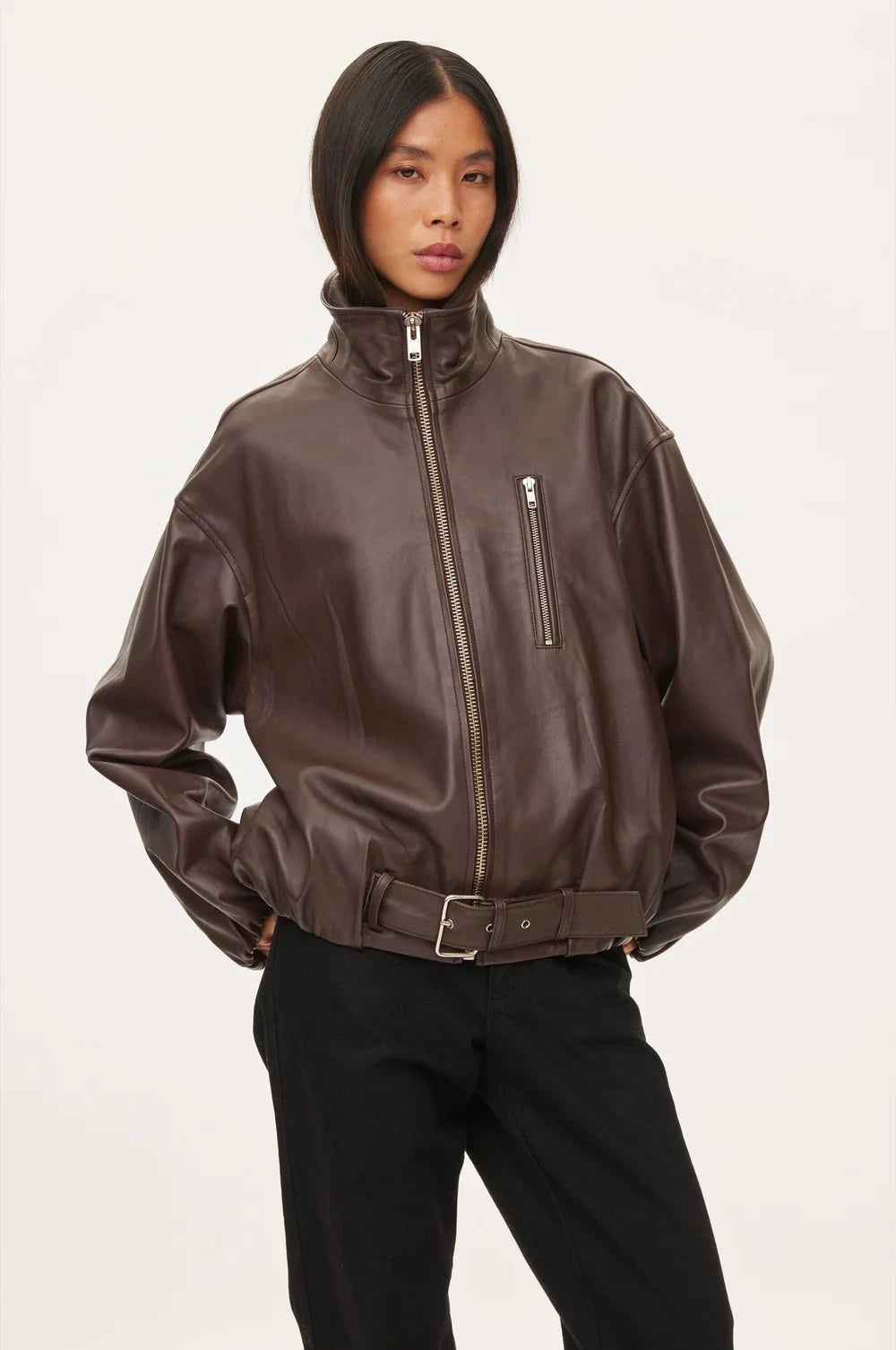 LENNY LEATHER JACKET IN COFFEE JACKET OVAL SQUARE 