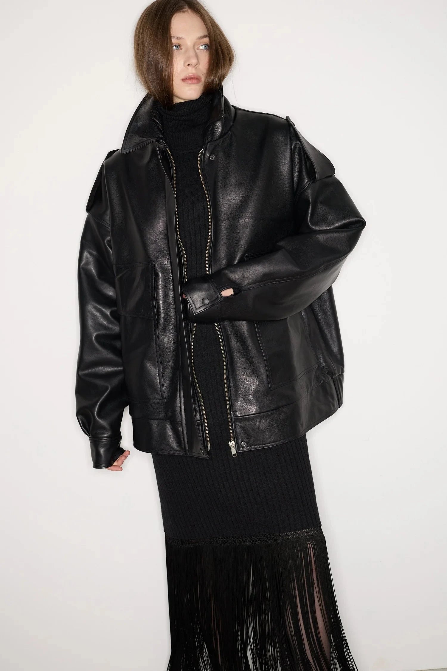 LEATHER BOMBER IN BLACK JACKET STUDIO CUT 