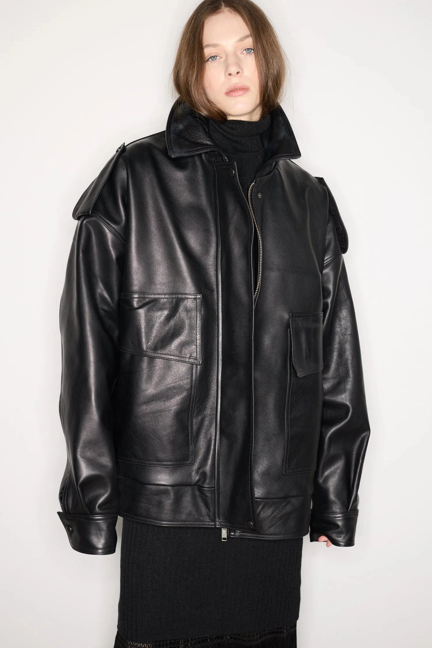 LEATHER BOMBER IN BLACK JACKET STUDIO CUT 