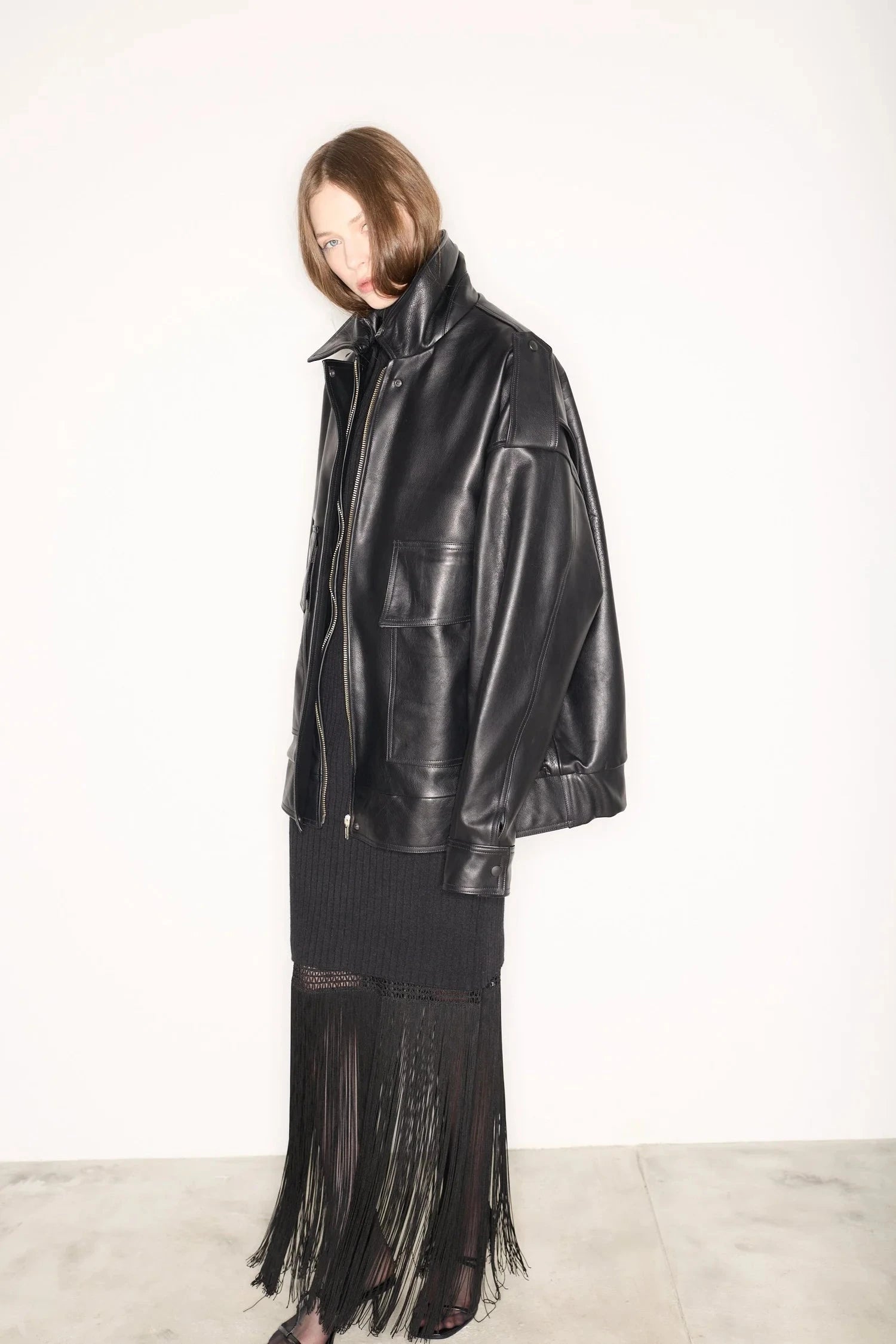 LEATHER BOMBER IN BLACK JACKET STUDIO CUT 