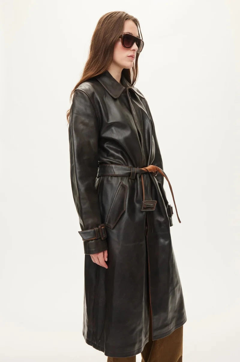 SPIKE LEATHER COAT IN DARK BROWN COAT OVAL SQUARE 