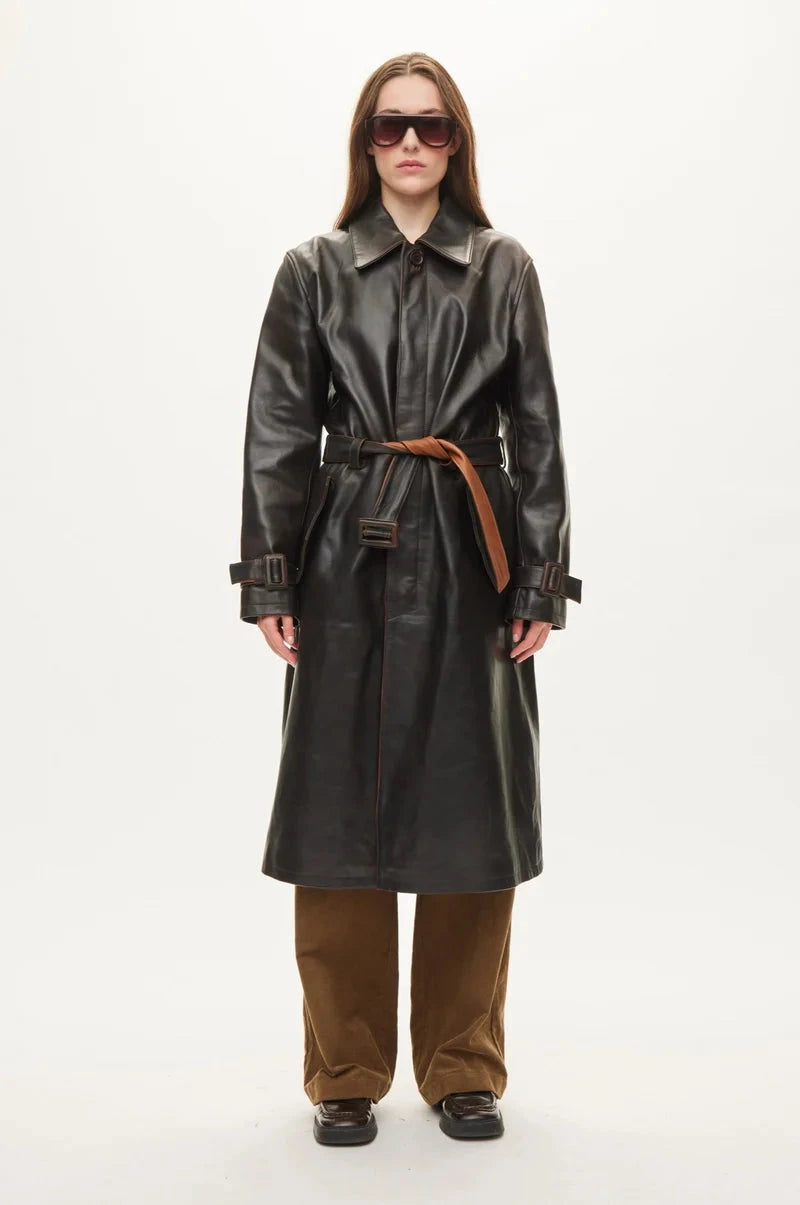 SPIKE LEATHER COAT IN DARK BROWN COAT OVAL SQUARE 